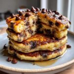 Close-up of a stack of fluffy Gluten-Free Chocolate Chip Banana Pancakes, cut open to show melted chocolate chips inside.
