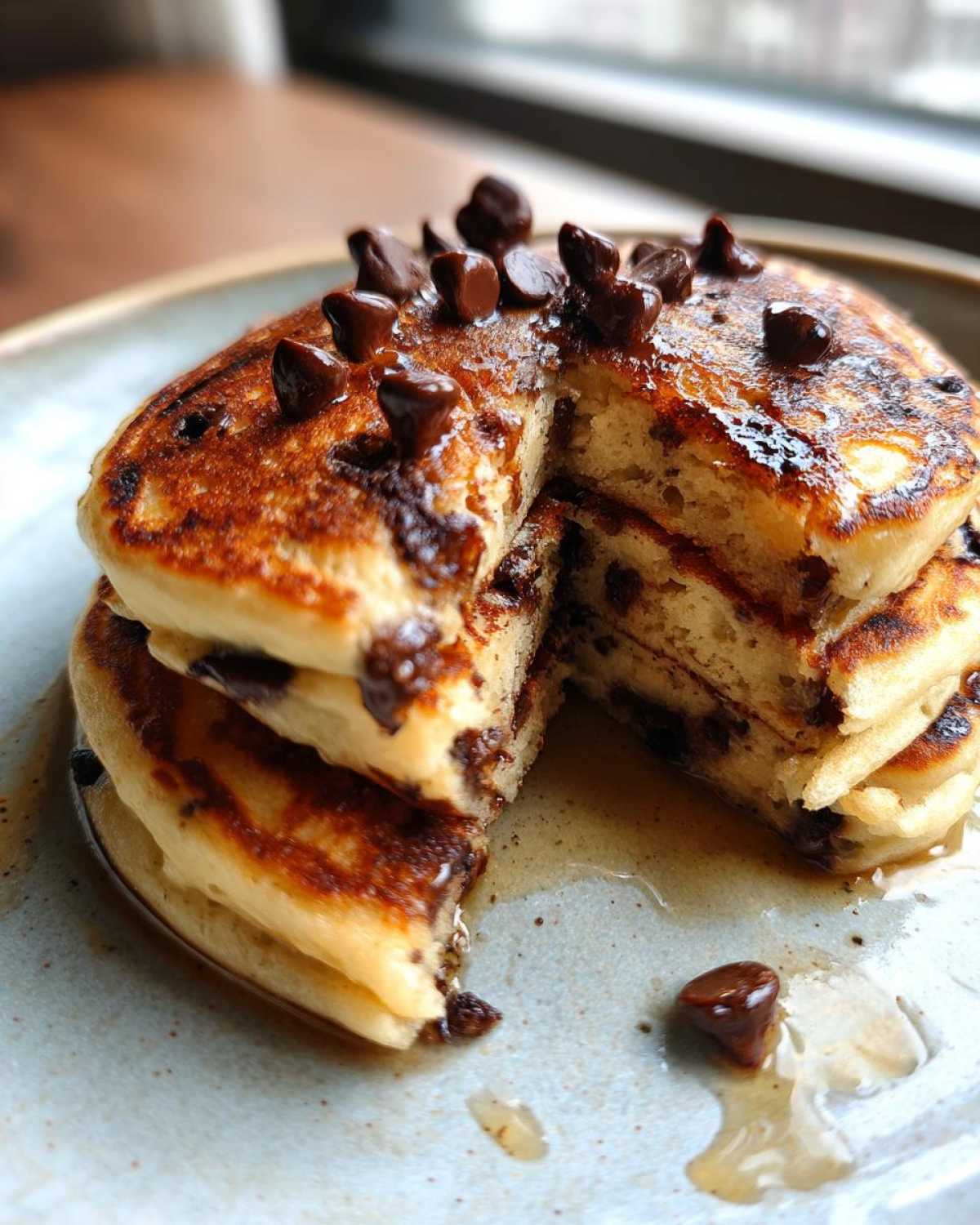 Close-up of a stack of fluffy Gluten-Free Chocolate Chip Banana Pancakes with melted chocolate chips and syrup.