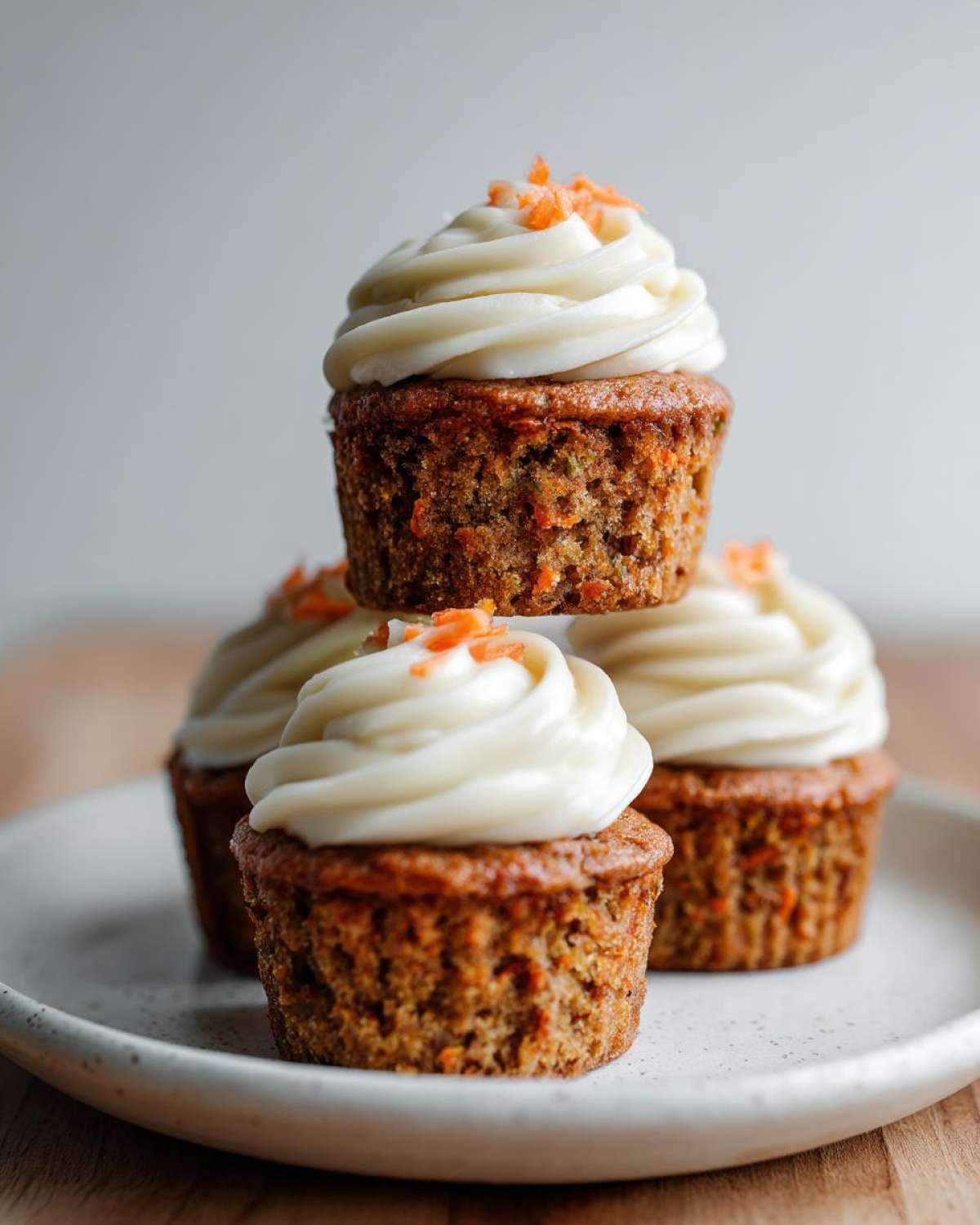Three Gluten-Free Carrot Cake Cupcakes stacked on a plate, topped with thick cream cheese frosting and shredded carrots.
