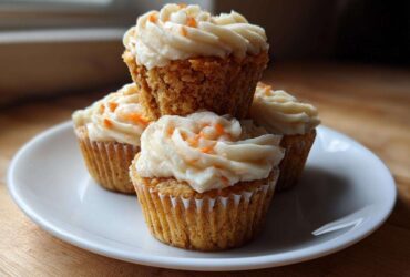 Four Gluten-Free Carrot Cake Cupcakes stacked on a white plate, topped with thick cream cheese frosting and shredded carrot.
