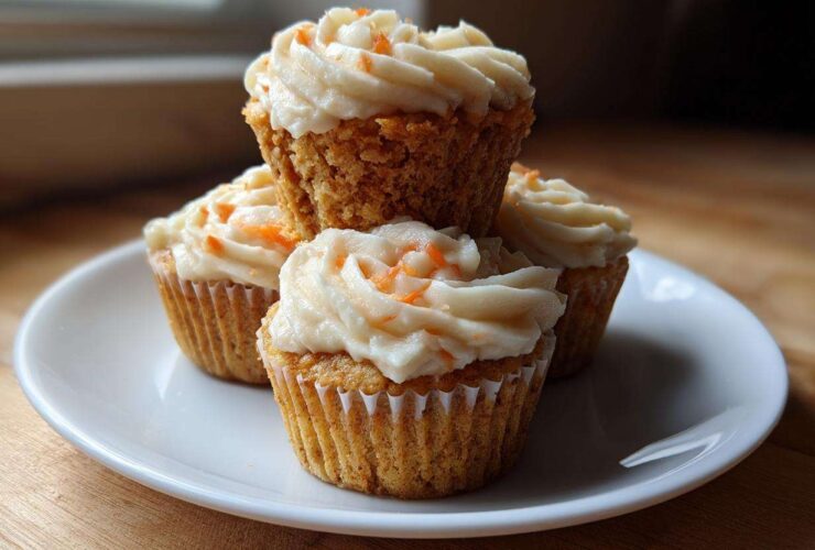 Four Gluten-Free Carrot Cake Cupcakes stacked on a white plate, topped with thick cream cheese frosting and shredded carrot.