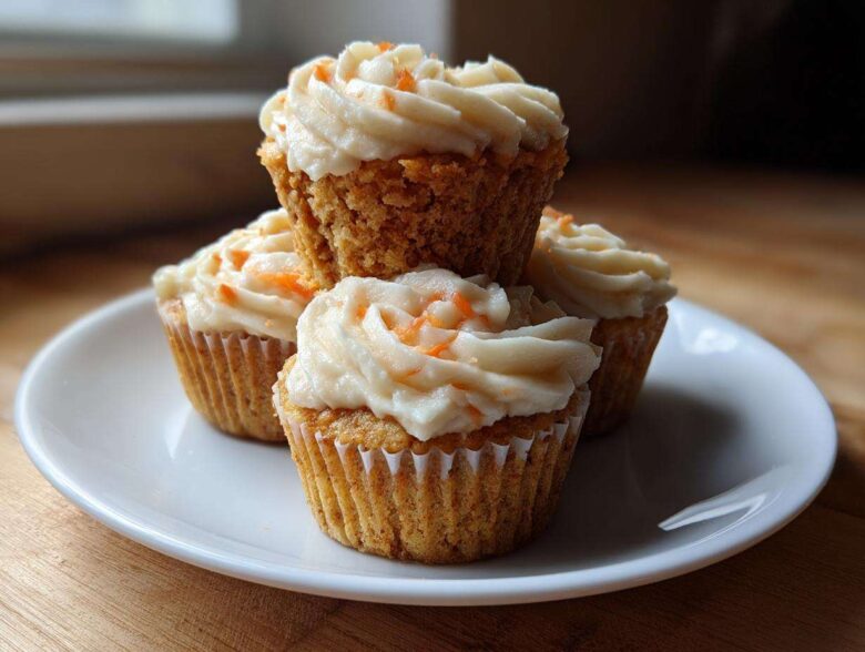 Four Gluten-Free Carrot Cake Cupcakes stacked on a white plate, topped with thick cream cheese frosting and shredded carrot.
