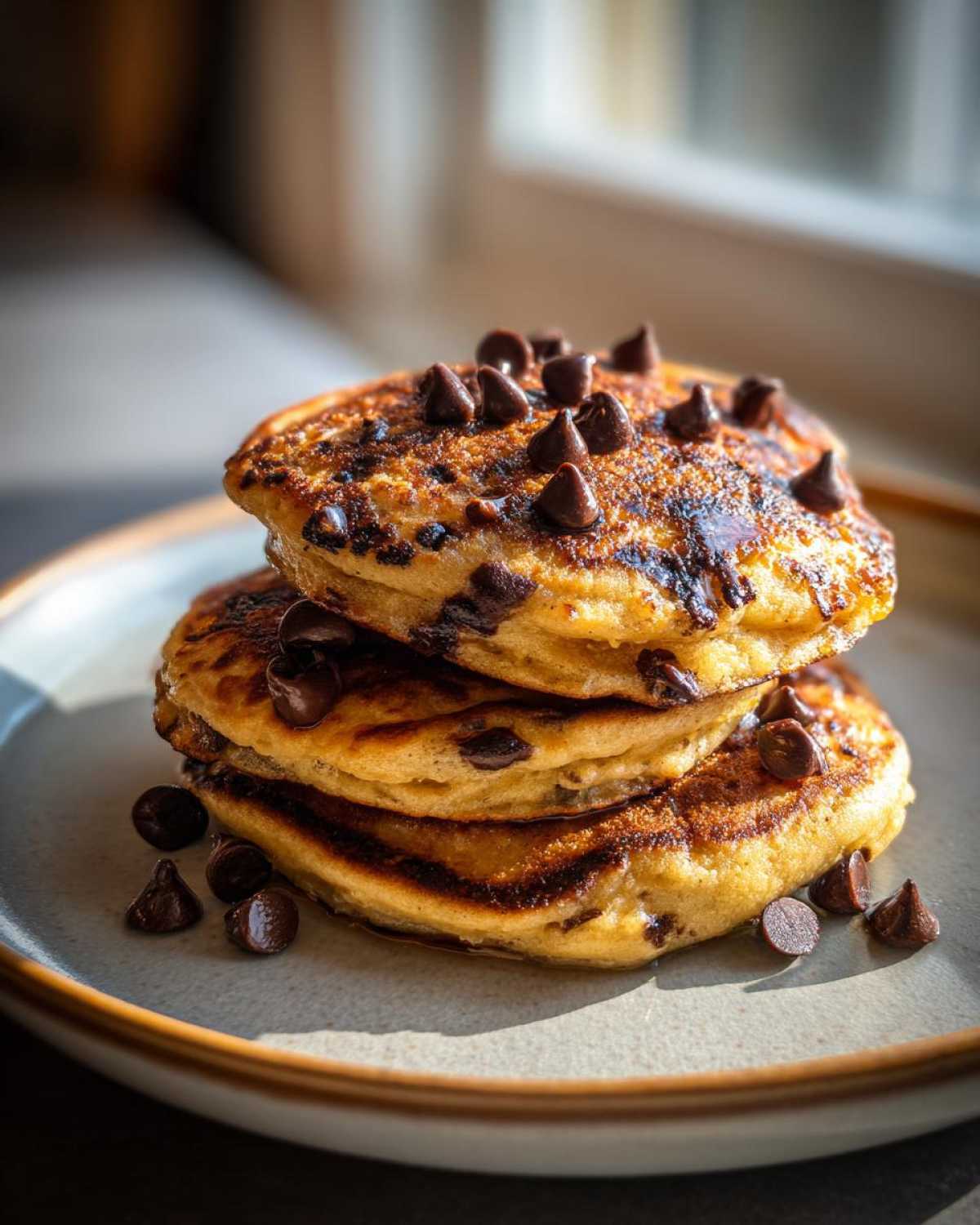 A tall stack of three fluffy Gluten-Free Chocolate Chip Banana Pancakes topped with melted chocolate chips.