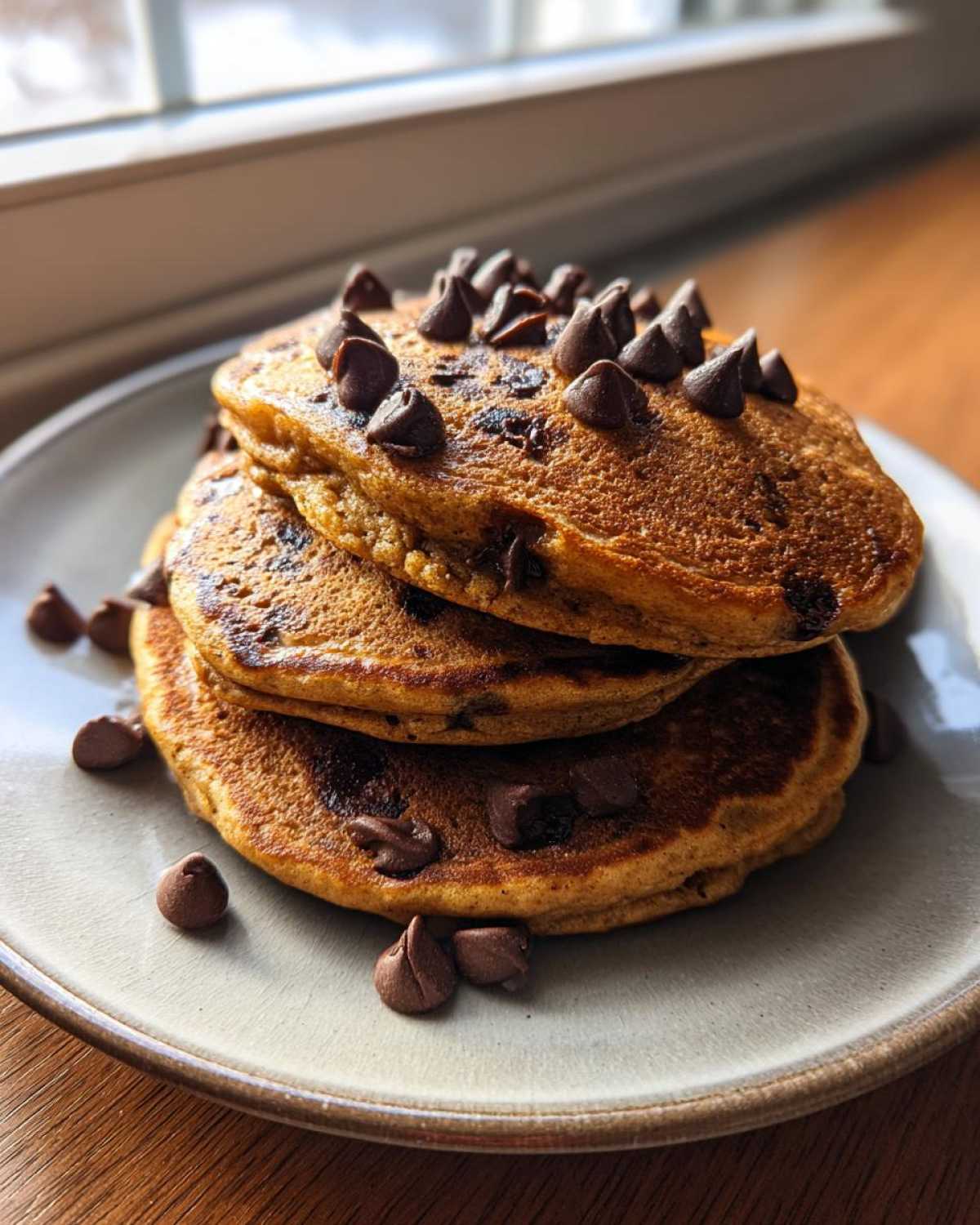 A stack of three fluffy Gluten-Free Chocolate Chip Banana Pancakes topped with chocolate chips.