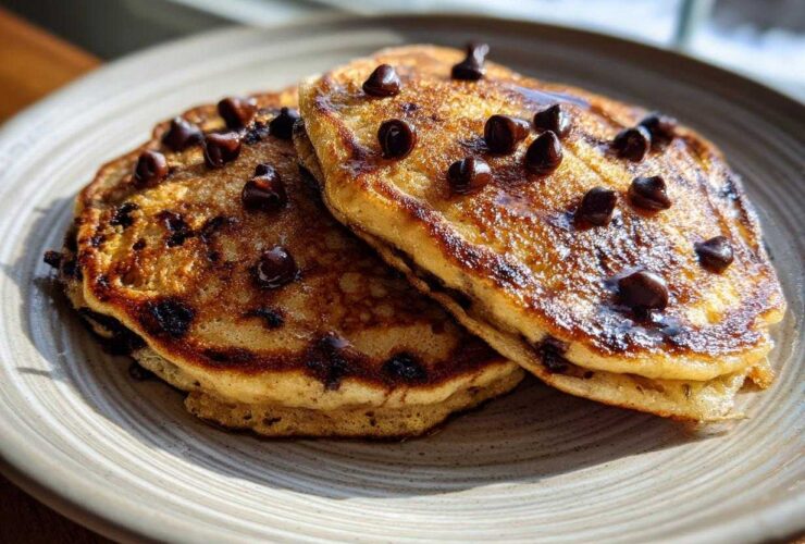 Two fluffy Gluten-Free Chocolate Chip Banana Pancakes stacked on a plate, drizzled with syrup and topped with melted chocolate chips.