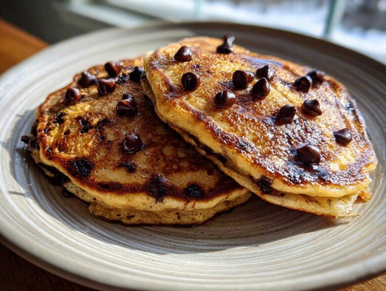Two fluffy Gluten-Free Chocolate Chip Banana Pancakes stacked on a plate, drizzled with syrup and topped with melted chocolate chips.