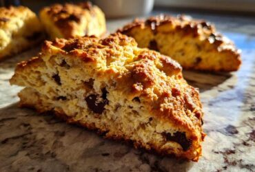 A close-up, cross-section view of a freshly baked Gluten-Free Chocolate Chip Scone showing its flaky texture and melted chocolate chips.
