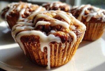 Close-up of a freshly baked Gluten-Free Cinnamon Roll Muffin topped with thick white icing drizzle.