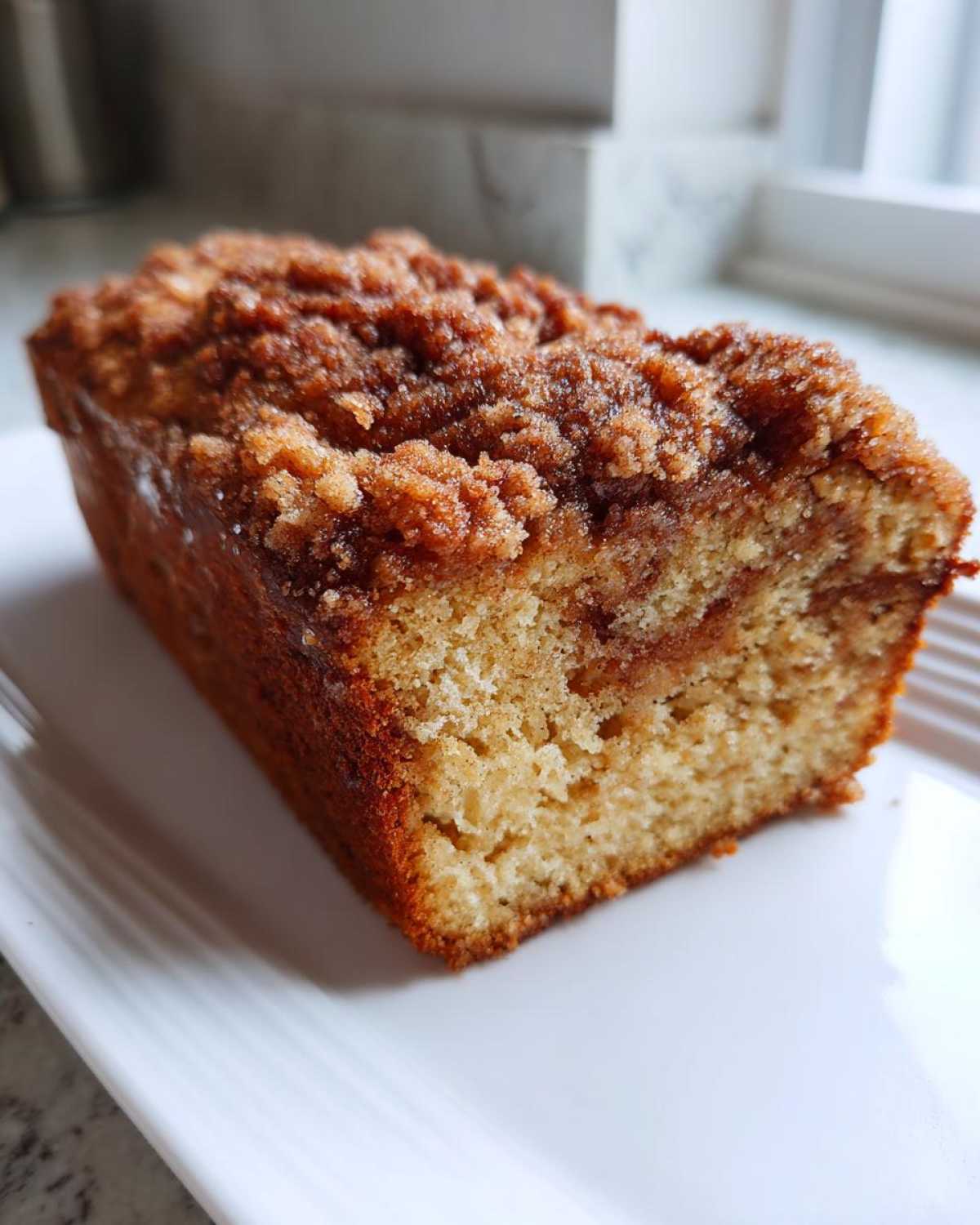 A close-up view of a freshly baked Gluten-Free Cinnamon Sugar Coffee Cake loaf with a thick, crumbly topping.