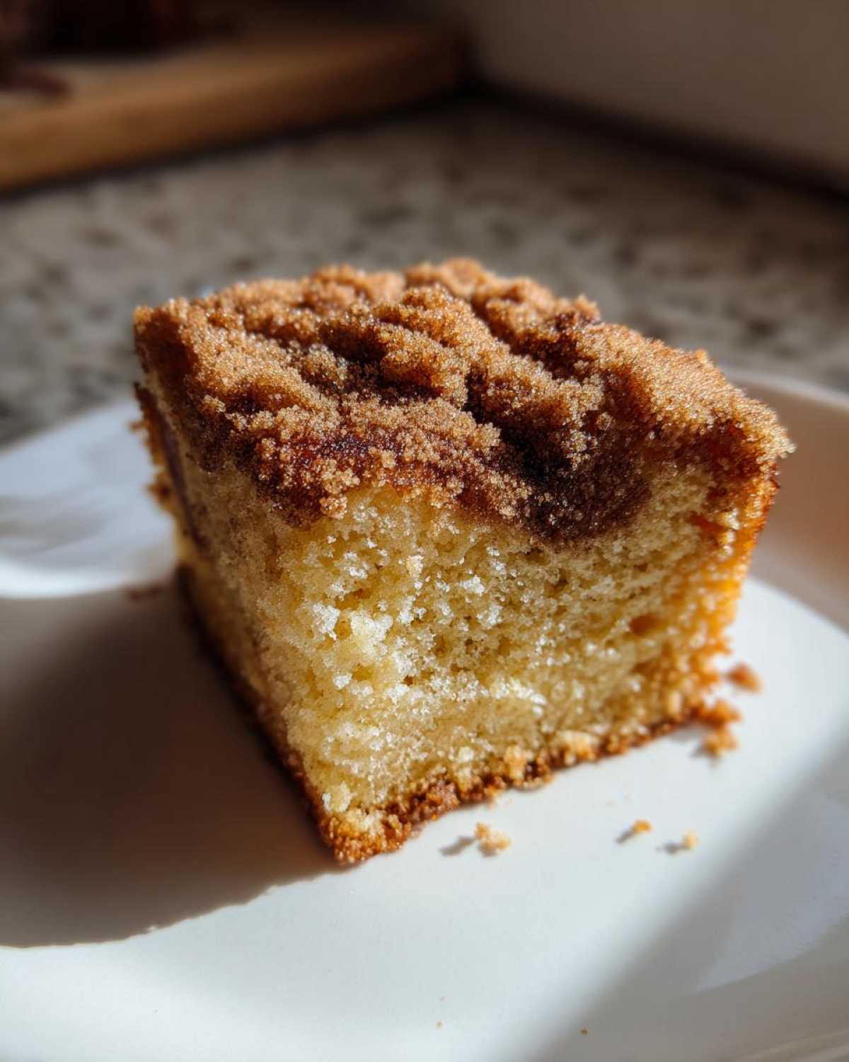 Close-up of a moist slice of Gluten-Free Cinnamon Sugar Coffee Cake with a thick, crumbly cinnamon topping.