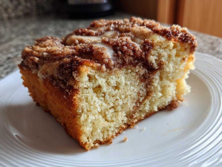 Close-up of a moist slice of Gluten-Free Cinnamon Sugar Coffee Cake with a crumbly cinnamon topping.
