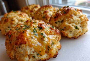 Close-up of several golden-brown Gluten-Free Garlic Cheddar Biscuits topped with melted cheese and parsley.