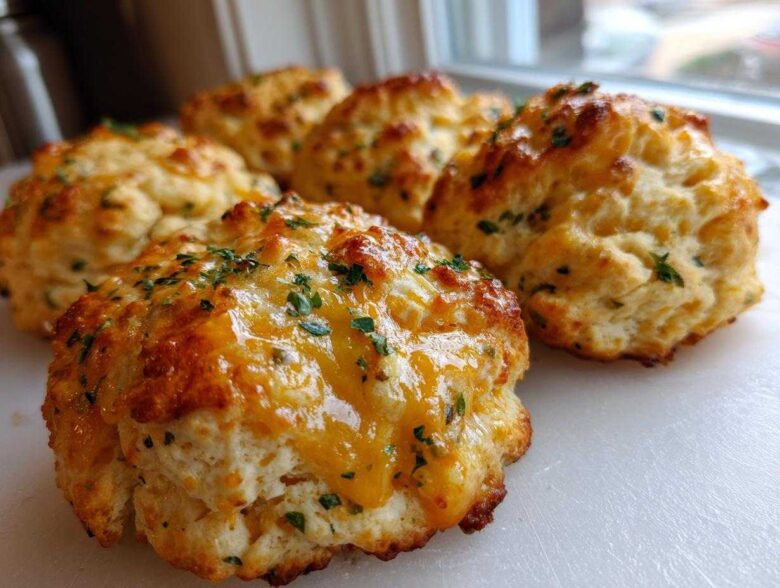 Close-up of several golden-brown Gluten-Free Garlic Cheddar Biscuits topped with melted cheese and parsley.