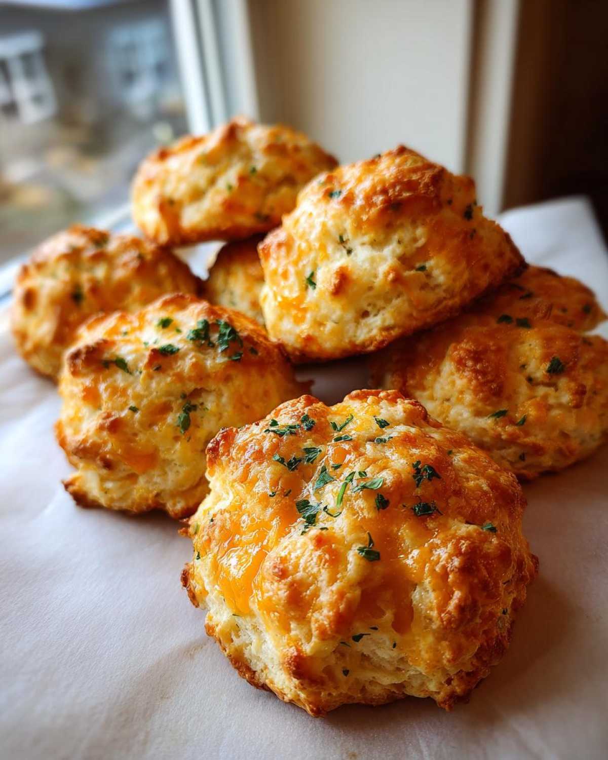 A pile of golden brown Gluten-Free Garlic Cheddar Biscuits topped with melted cheese and fresh parsley.