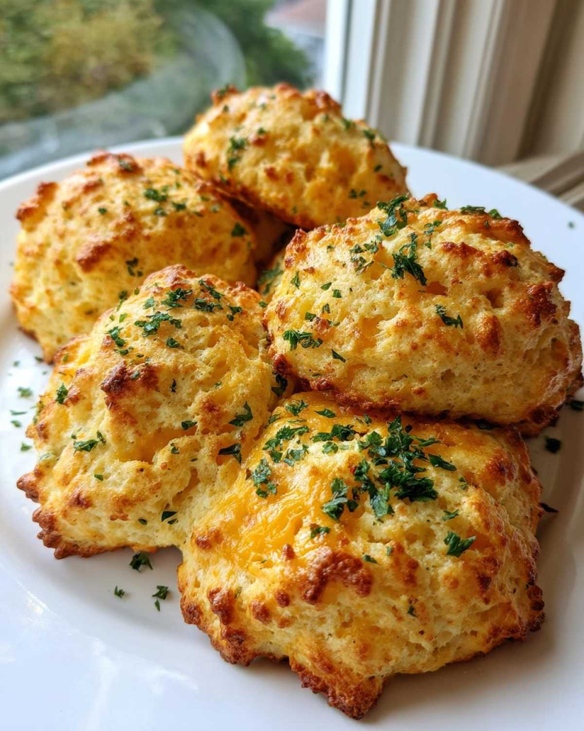 A pile of five golden, fluffy Gluten-Free Garlic Cheddar Biscuits topped with melted cheese and chopped parsley.