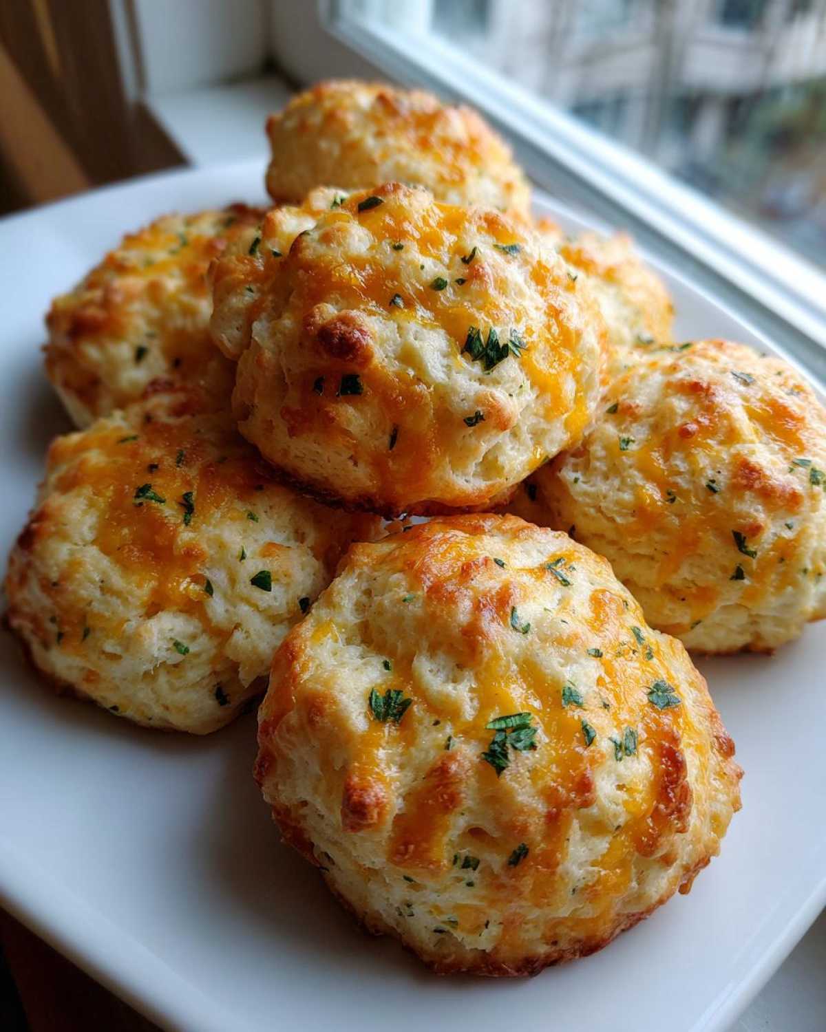 A stack of freshly baked Gluten-Free Garlic Cheddar Biscuits topped with melted orange cheese and green herbs.