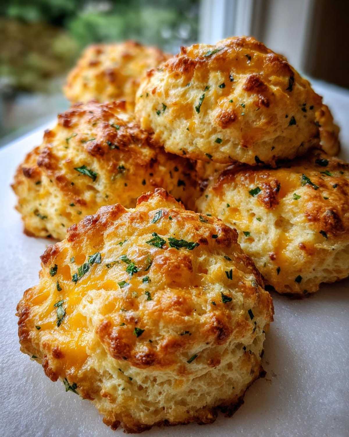 A close-up stack of freshly baked Gluten-Free Garlic Cheddar Biscuits topped with melted cheese and parsley.