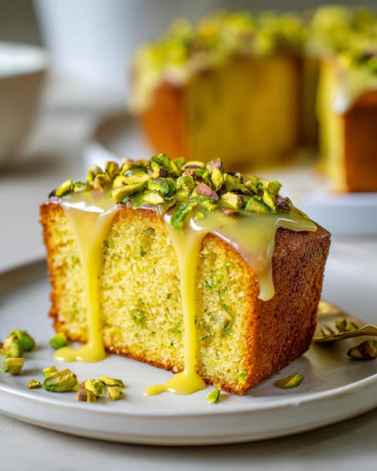 A close-up of a slice of Gluten-Free Lemon Pistachio Cake topped with lemon glaze and chopped pistachios.