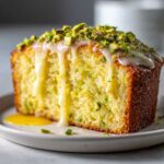 Close-up of a moist slice of Gluten-Free Lemon Pistachio Cake topped with white glaze and chopped pistachios.