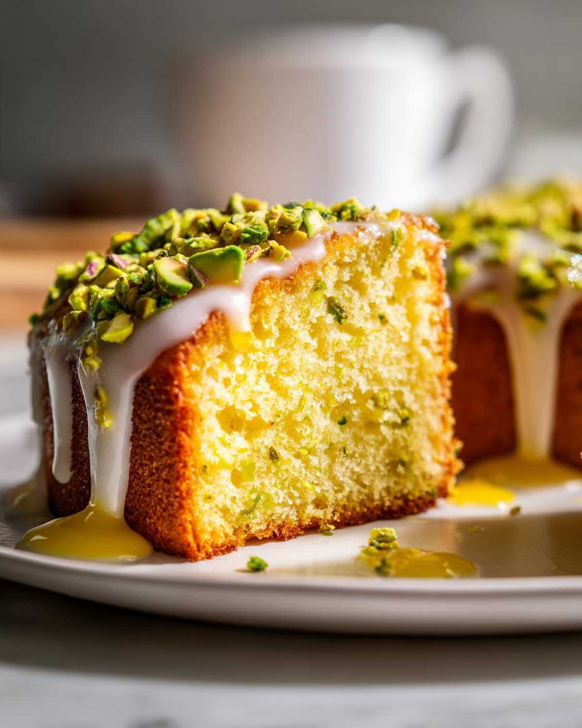 Close-up of a slice of Gluten-Free Lemon Pistachio Cake topped with white glaze and chopped pistachios.