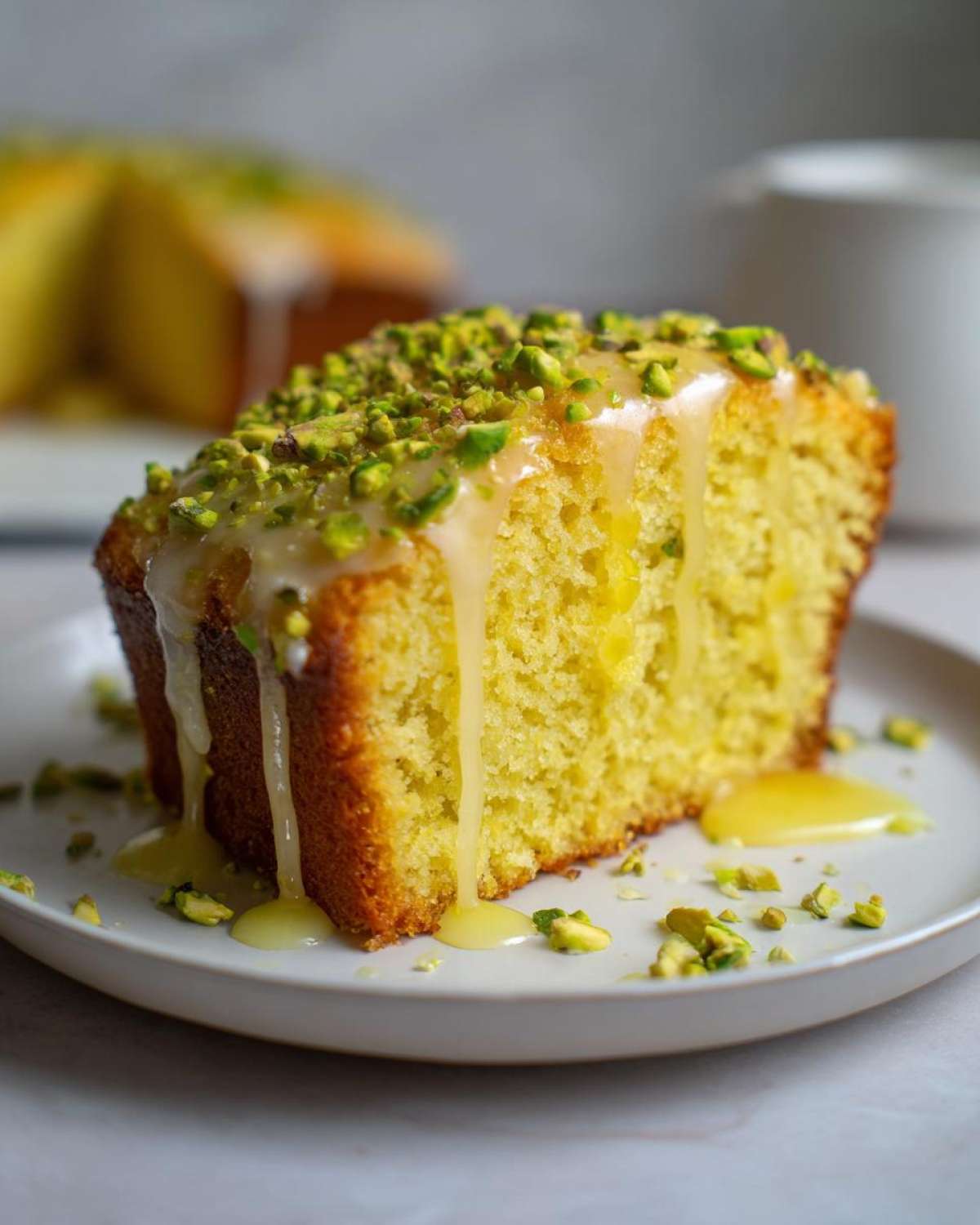 Close-up of a slice of moist Gluten-Free Lemon Pistachio Cake drizzled with lemon glaze and topped with chopped pistachios.