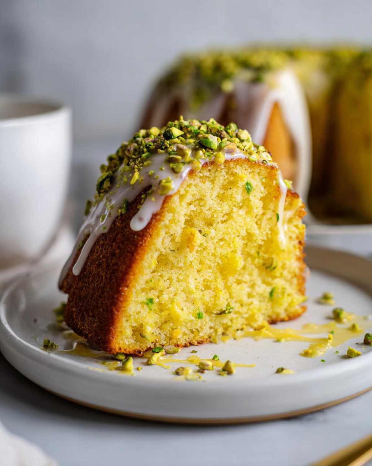 A close-up slice of moist Gluten-Free Lemon Pistachio Cake topped with white glaze and chopped pistachios.