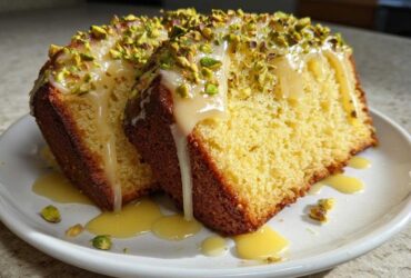 Two slices of moist Gluten-Free Lemon Pistachio Cake topped with a thick lemon glaze and chopped pistachios.