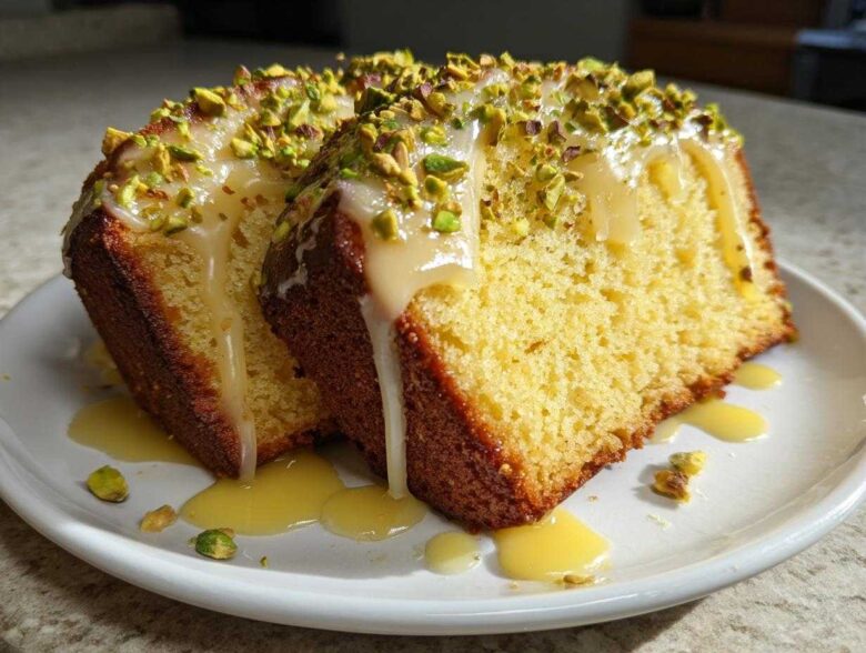Two slices of moist Gluten-Free Lemon Pistachio Cake topped with a thick lemon glaze and chopped pistachios.