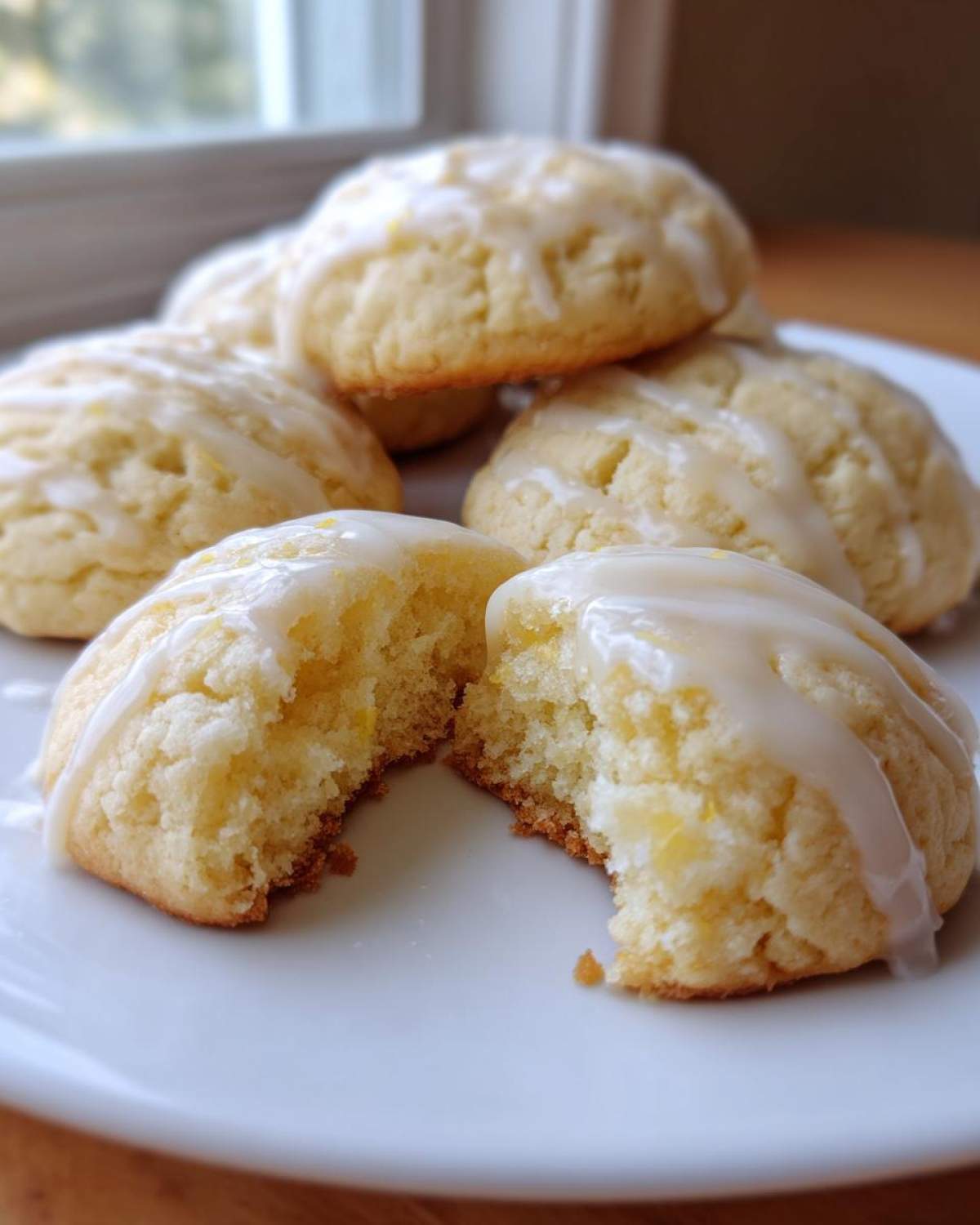 A close-up of soft Gluten-Free Lemon Ricotta Cookies, one broken open to show the texture, drizzled with lemon glaze.