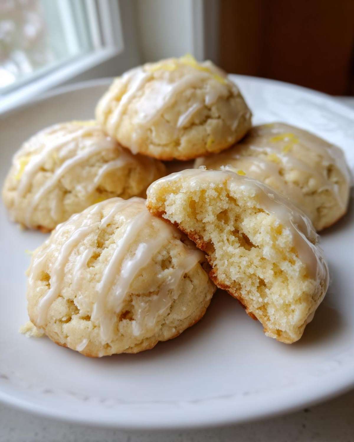 A stack of soft Gluten-Free Lemon Ricotta Cookies drizzled with lemon glaze, one broken open to show the texture.