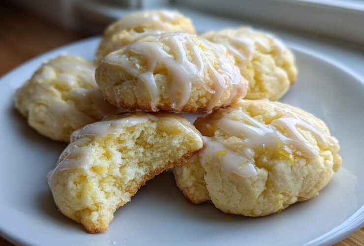 A stack of soft Gluten-Free Lemon Ricotta Cookies drizzled with white lemon icing, one cookie broken open to show the texture.