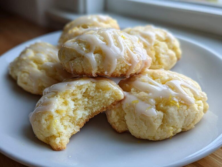 A stack of soft Gluten-Free Lemon Ricotta Cookies drizzled with white lemon icing, one cookie broken open to show the texture.