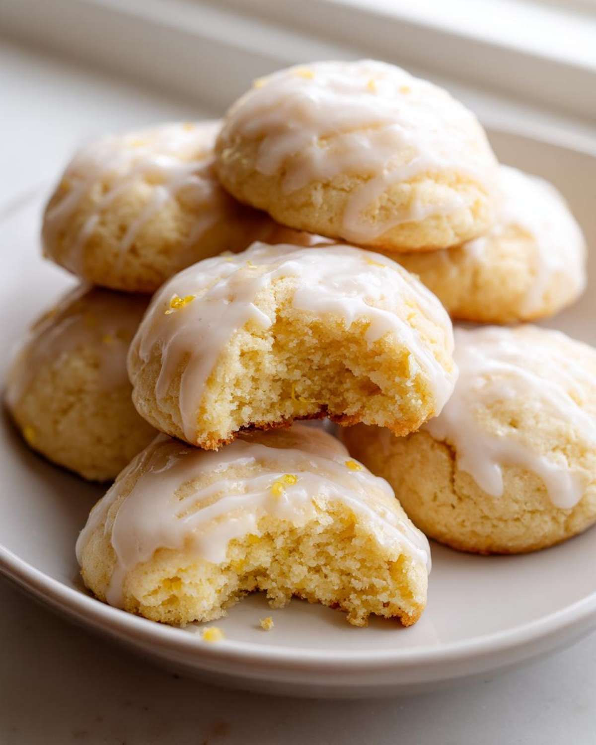 Stack of soft Gluten-Free Lemon Ricotta Cookies topped with white glaze and lemon zest.