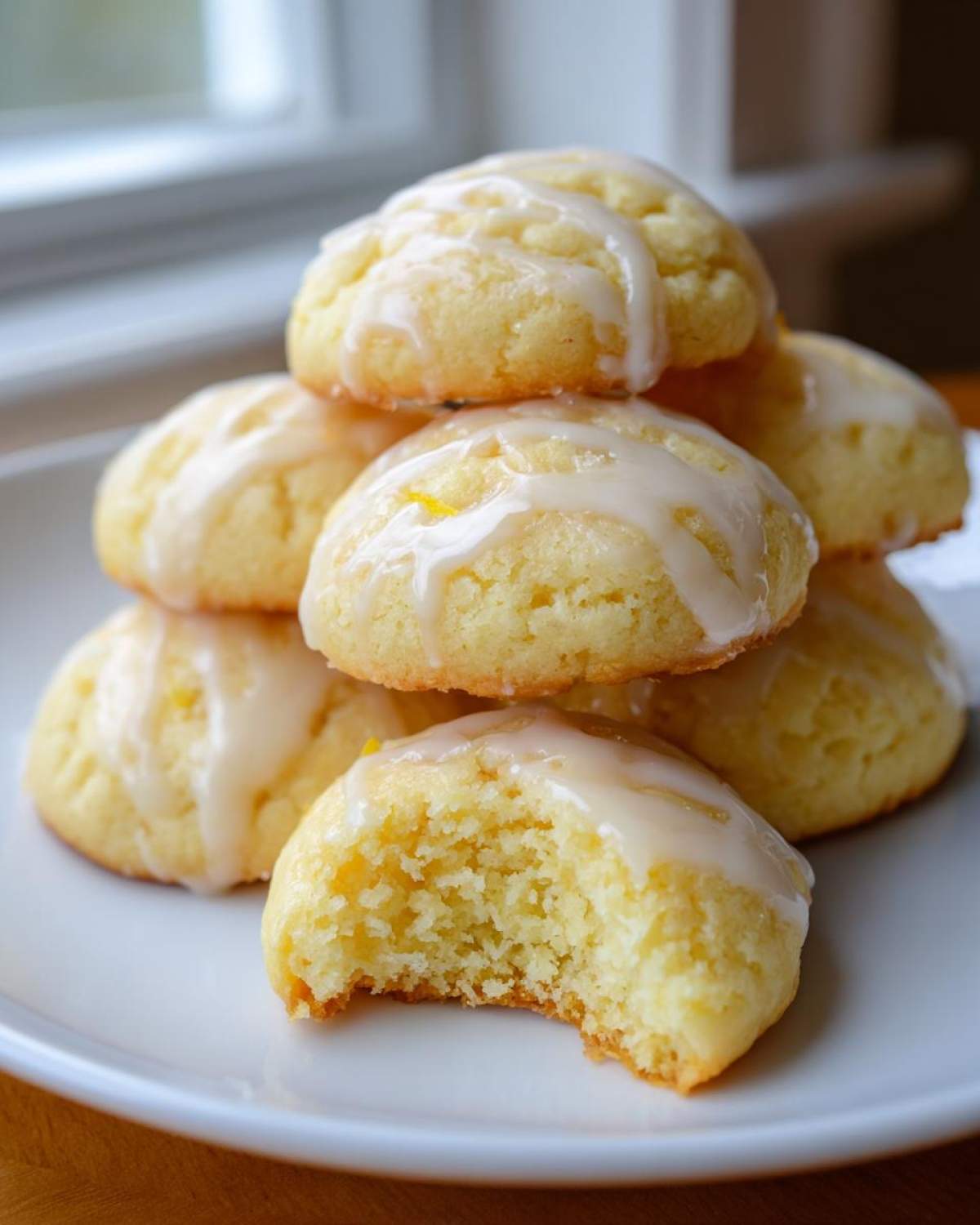 A stack of soft Gluten-Free Lemon Ricotta Cookies drizzled with a white glaze, one cookie has a bite taken out.
