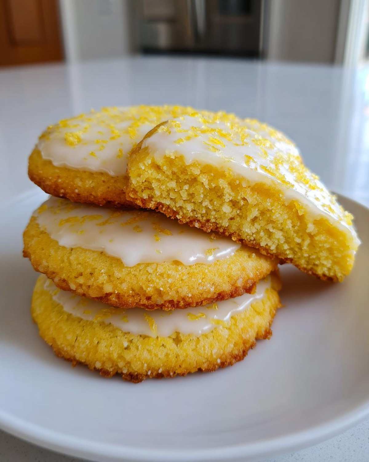 A stack of three Gluten-Free Lemon Sugar Cookies, topped with white glaze and lemon zest.