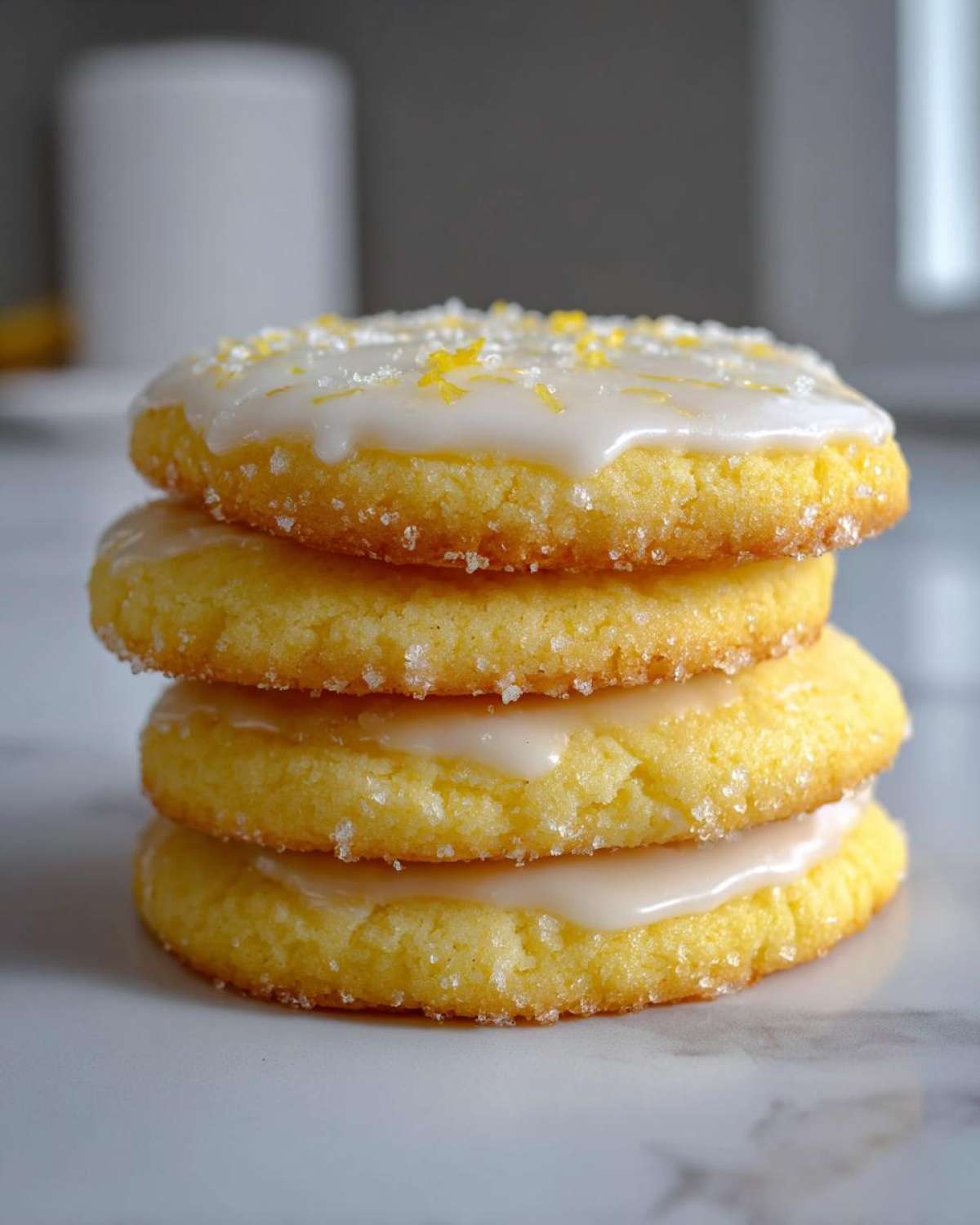 A stack of four bright yellow Gluten-Free Lemon Sugar Cookies topped with white glaze and lemon zest.