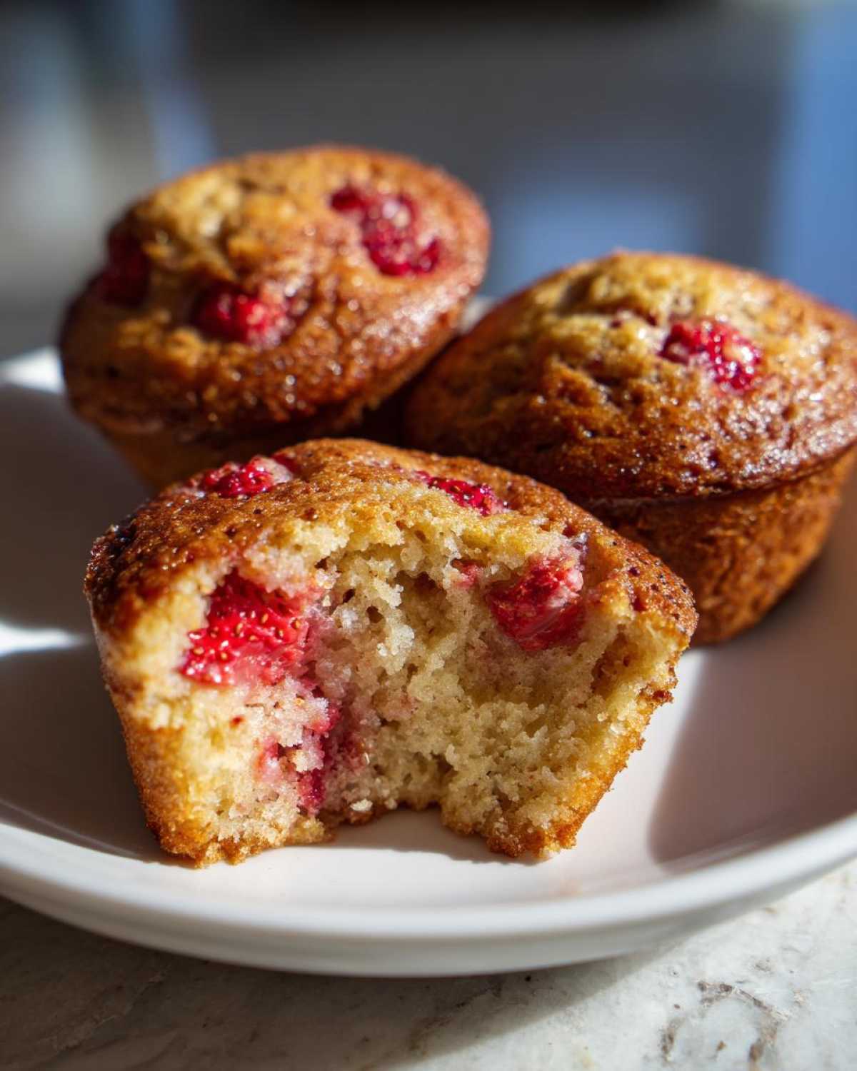 A close-up of a Gluten-Free Strawberry Almond Muffin with a bite taken out, showing the moist interior and bright red strawberries.