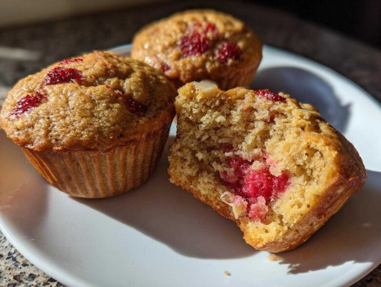 Close-up of three Gluten-Free Strawberry Almond Muffins on a white plate, one broken open showing the moist interior and bright red fruit.