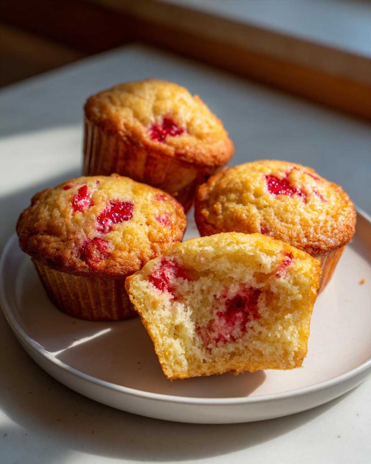 Four golden-brown Gluten-Free Strawberry Almond Muffins on a plate, one cut in half showing the moist interior and berries.