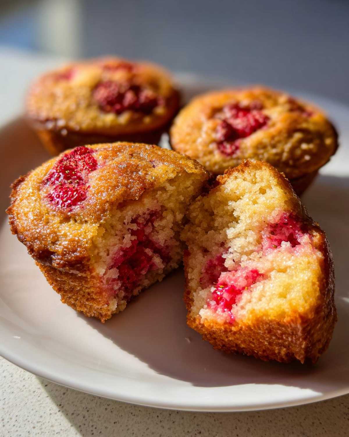 Close-up of a Gluten-Free Strawberry Almond Muffin split in half showing the moist crumb and bright pink strawberry filling.
