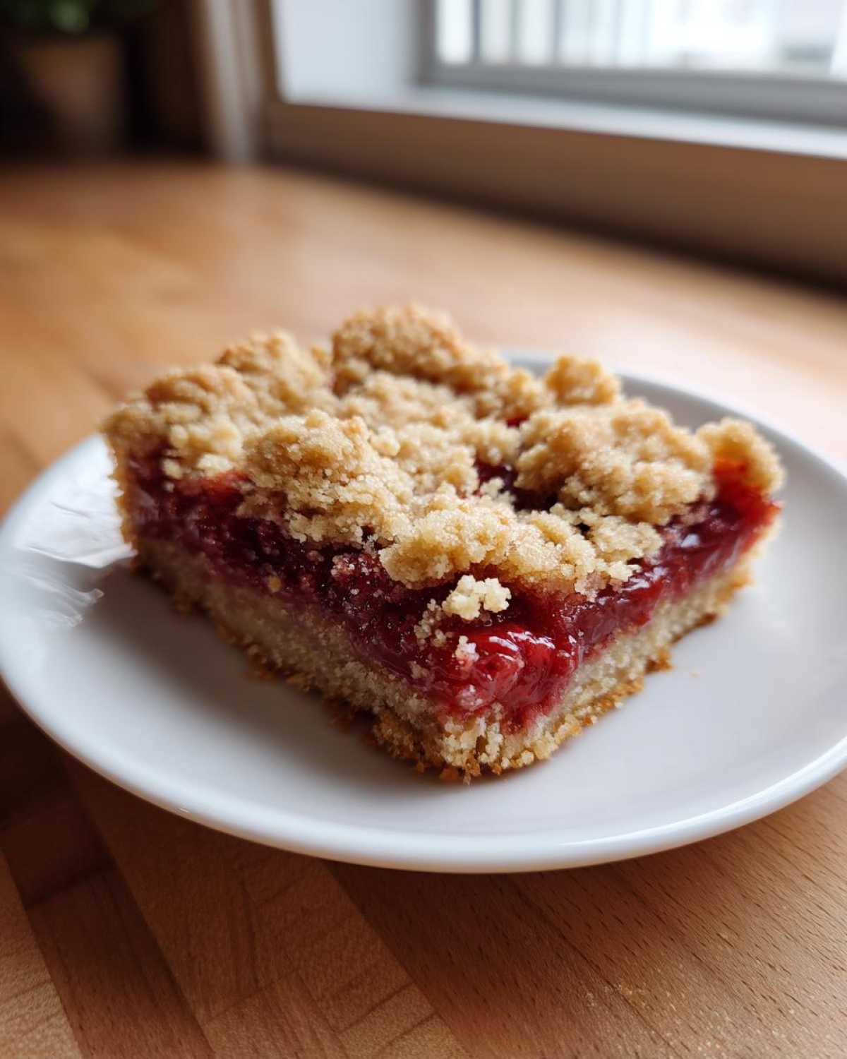 A square slice of Gluten-Free Strawberry Rhubarb Bars with a thick, jammy filling and crumb topping.