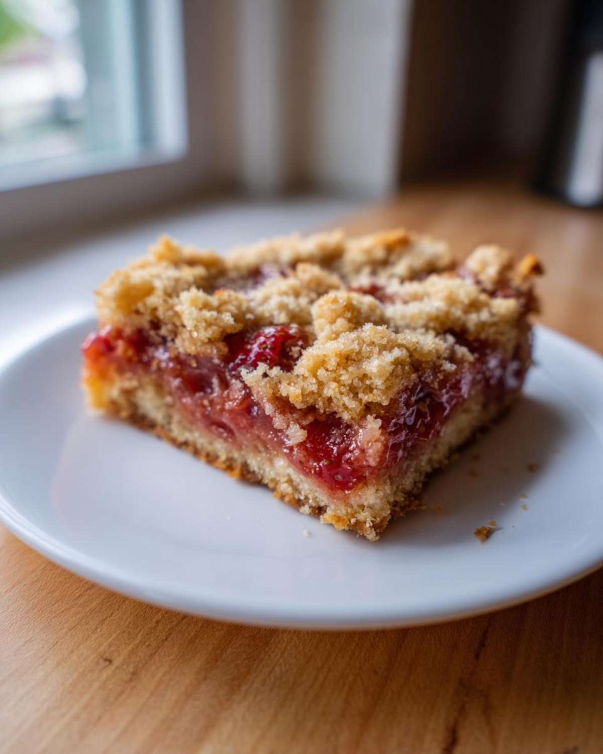 A close-up of one square of Gluten-Free Strawberry Rhubarb Bars with a crumbly topping, resting on a white plate.
