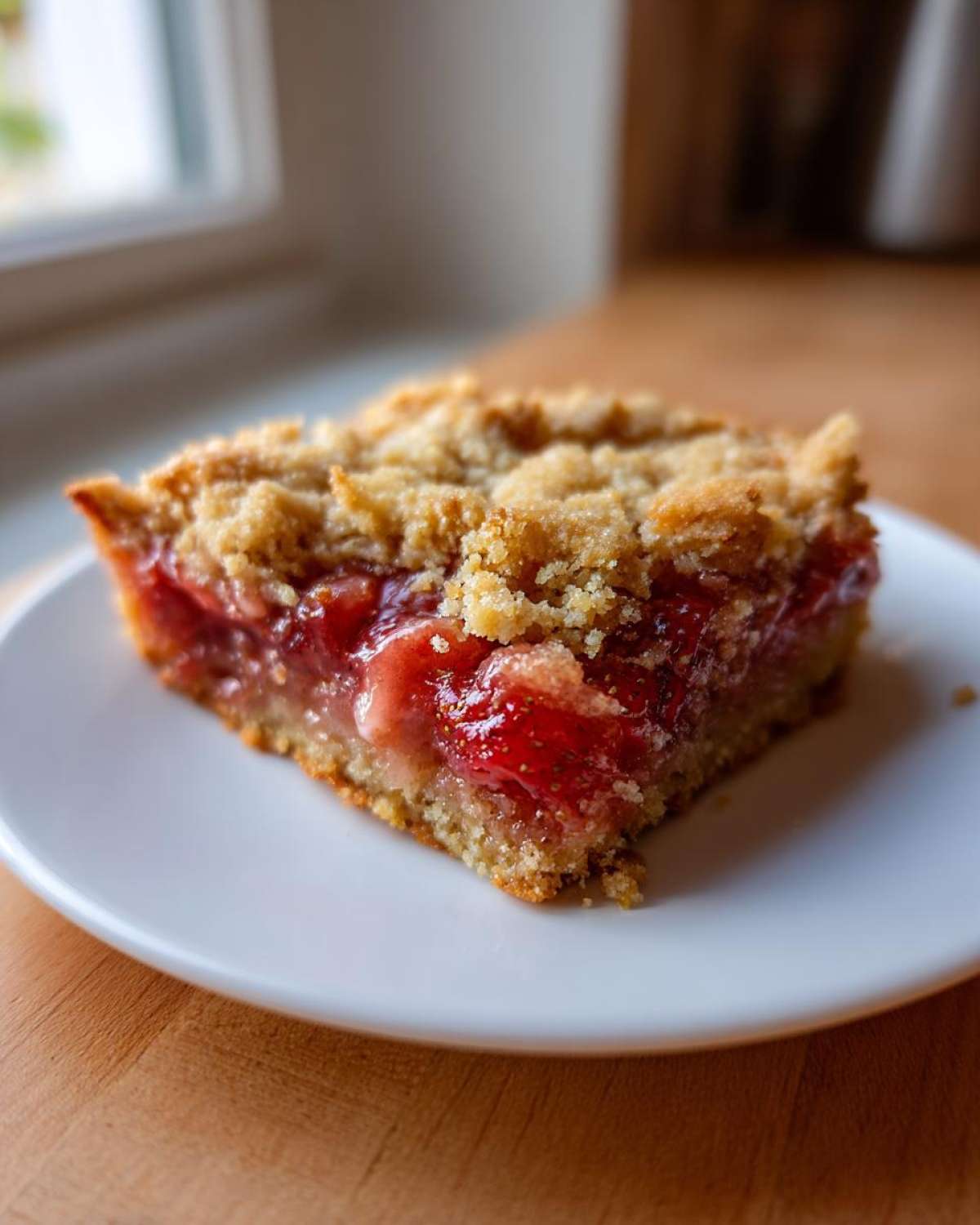 A close-up, tempting shot of one square slice of Gluten-Free Strawberry Rhubarb Bars with a crumb topping.