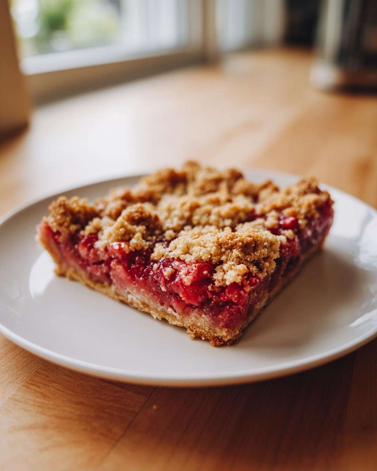 A close-up of a single serving of Gluten-Free Strawberry Rhubarb Bars with a thick, golden crumb topping.