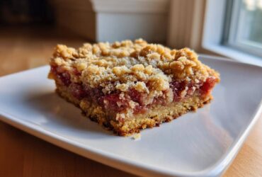 A close-up of a single serving of Gluten-Free Strawberry Rhubarb Bars with a thick crumble topping.