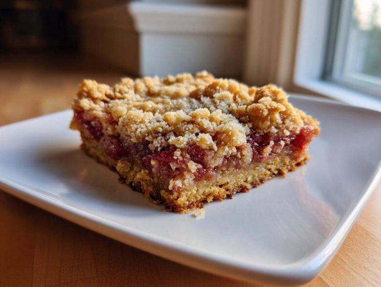 A close-up of a single serving of Gluten-Free Strawberry Rhubarb Bars with a thick crumble topping.