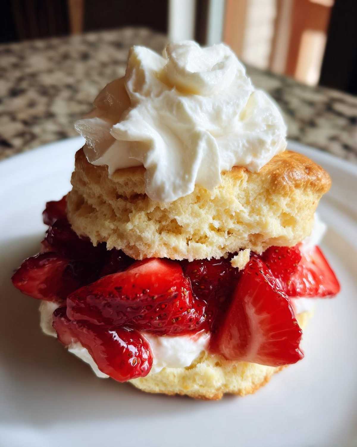 A single serving of Gluten-Free Strawberry Shortcake Biscuits, split and filled with macerated strawberries and whipped cream.