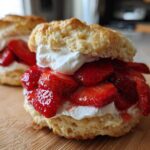 Close-up of a Gluten-Free Strawberry Shortcake Biscuits filled with macerated strawberries and whipped cream.
