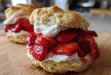 Close-up of a Gluten-Free Strawberry Shortcake Biscuits filled with macerated strawberries and whipped cream.