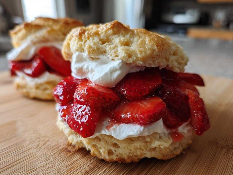 Close-up of a Gluten-Free Strawberry Shortcake Biscuits filled with macerated strawberries and whipped cream.